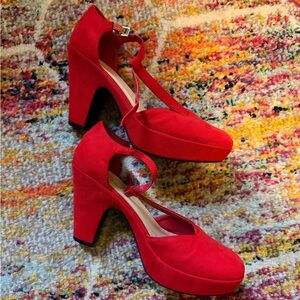 BAMBOO Red T‑Strap Platform Block Heels